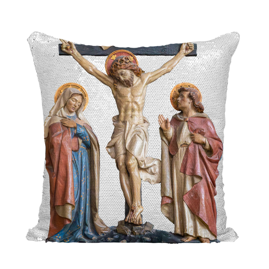 Crucifixion Scene Sequin Cushion Cover