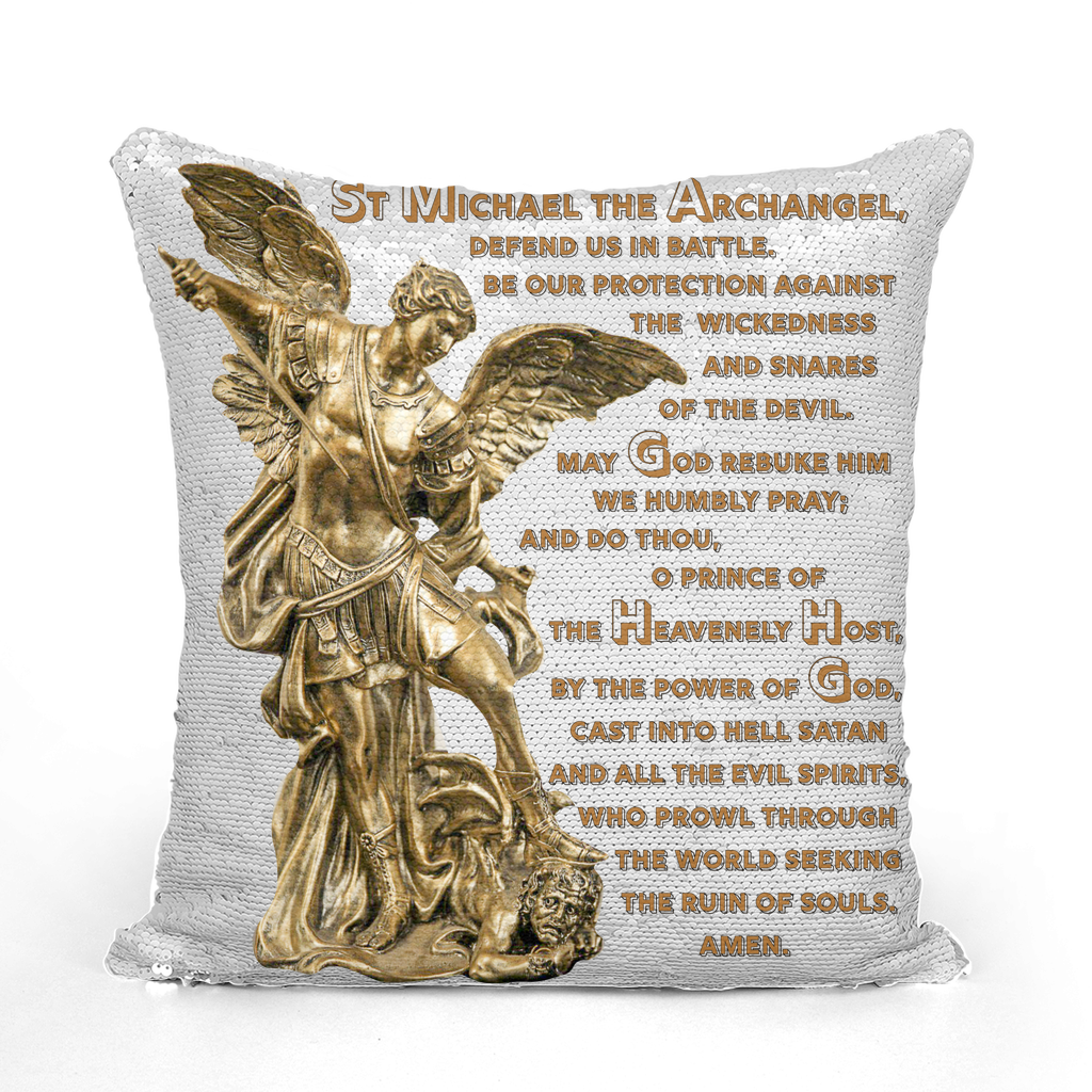 St Michael Archangel with Prayer Sequin Cushion Cover