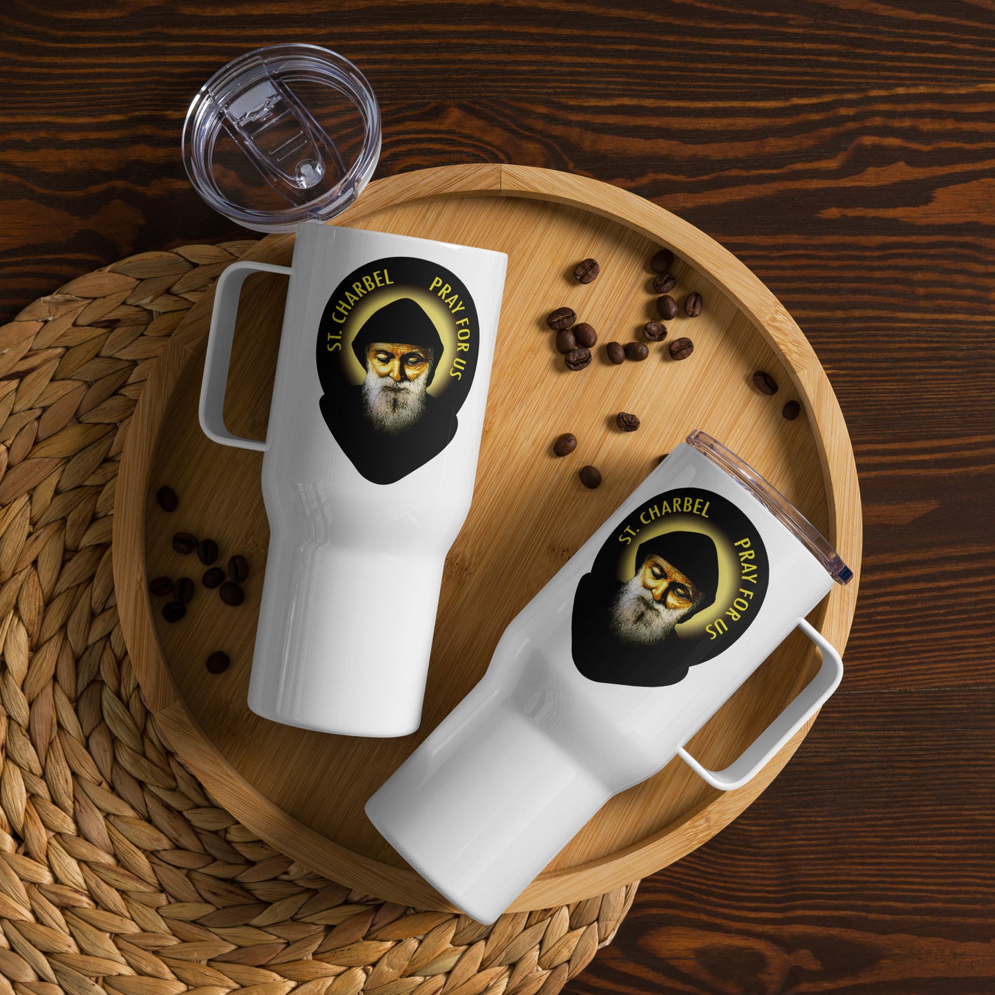 St Charbel Pray for Us Travel mug with a handle