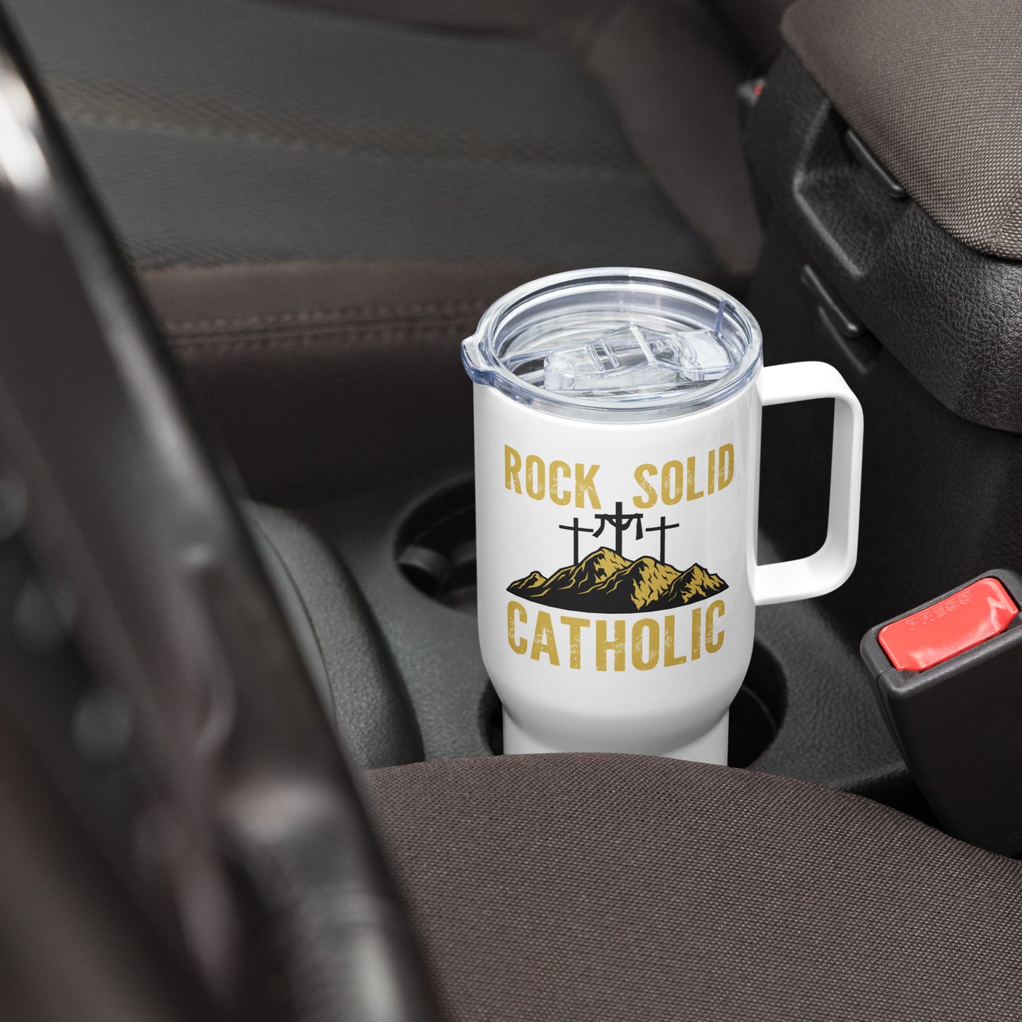 Rock Solid Catholic Travel mug with a handle
