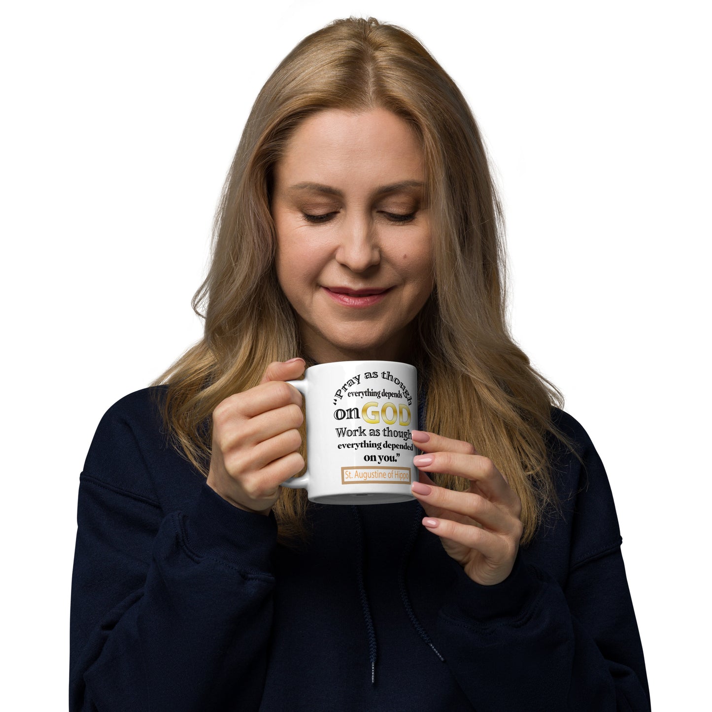 Pray and Work by St Augustine White glossy mug