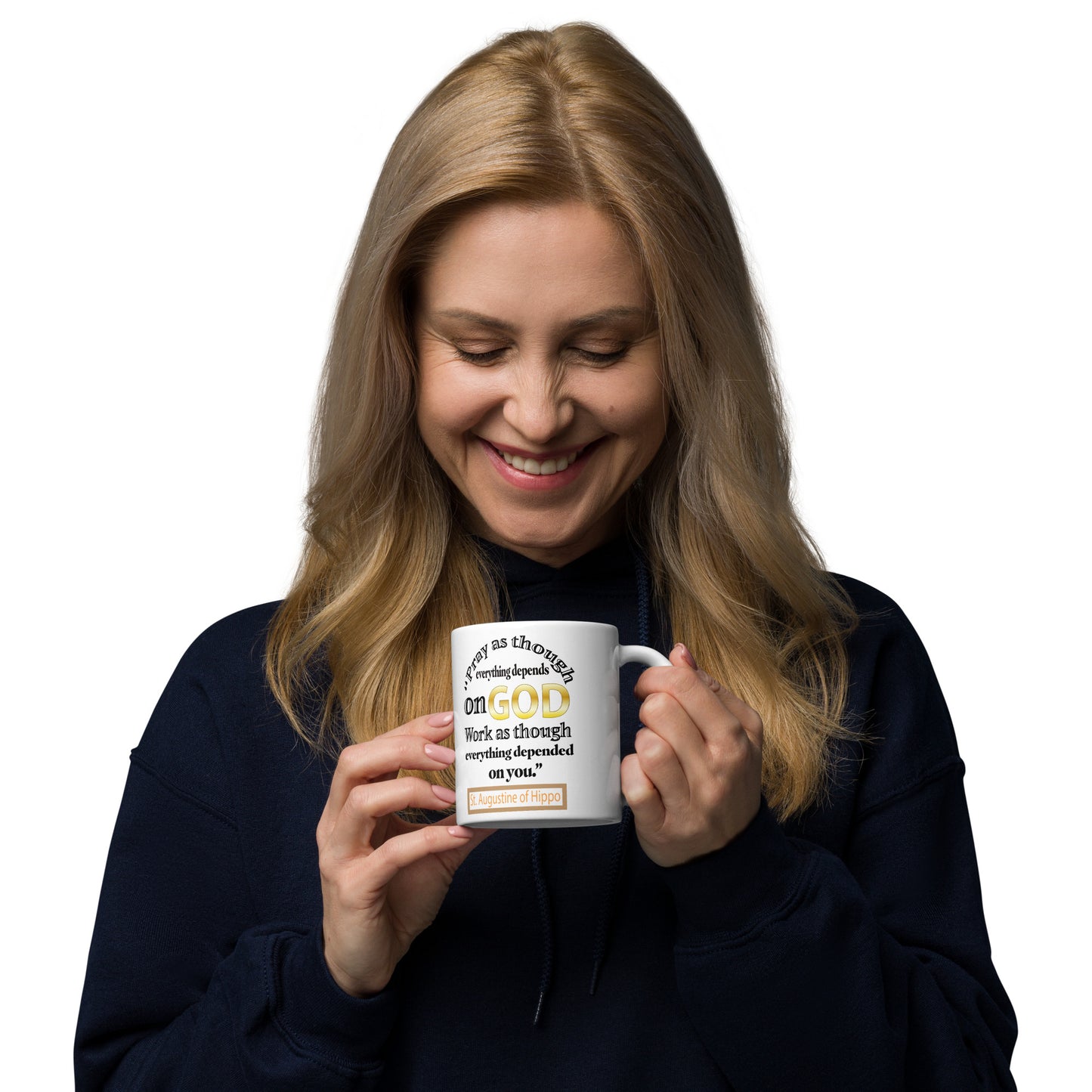 Pray and Work by St Augustine White glossy mug