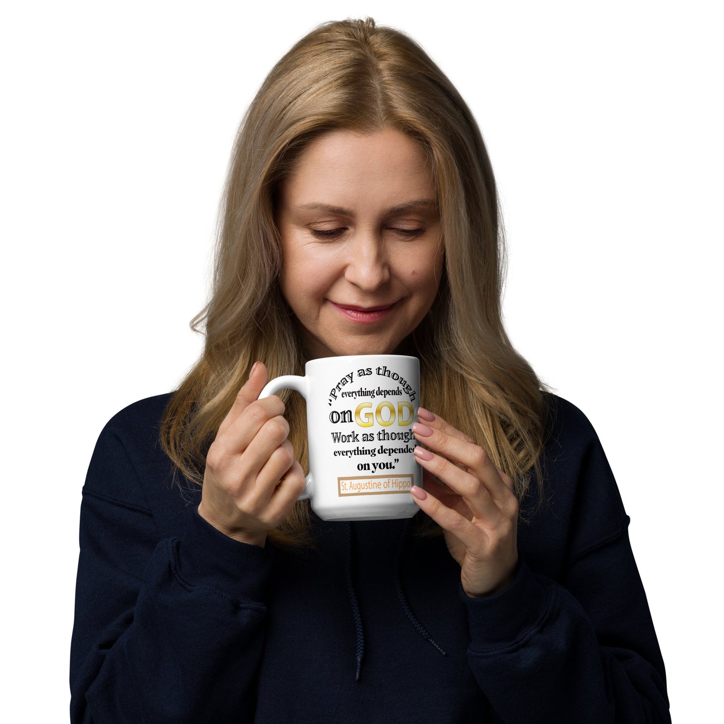 Pray and Work by St Augustine White glossy mug