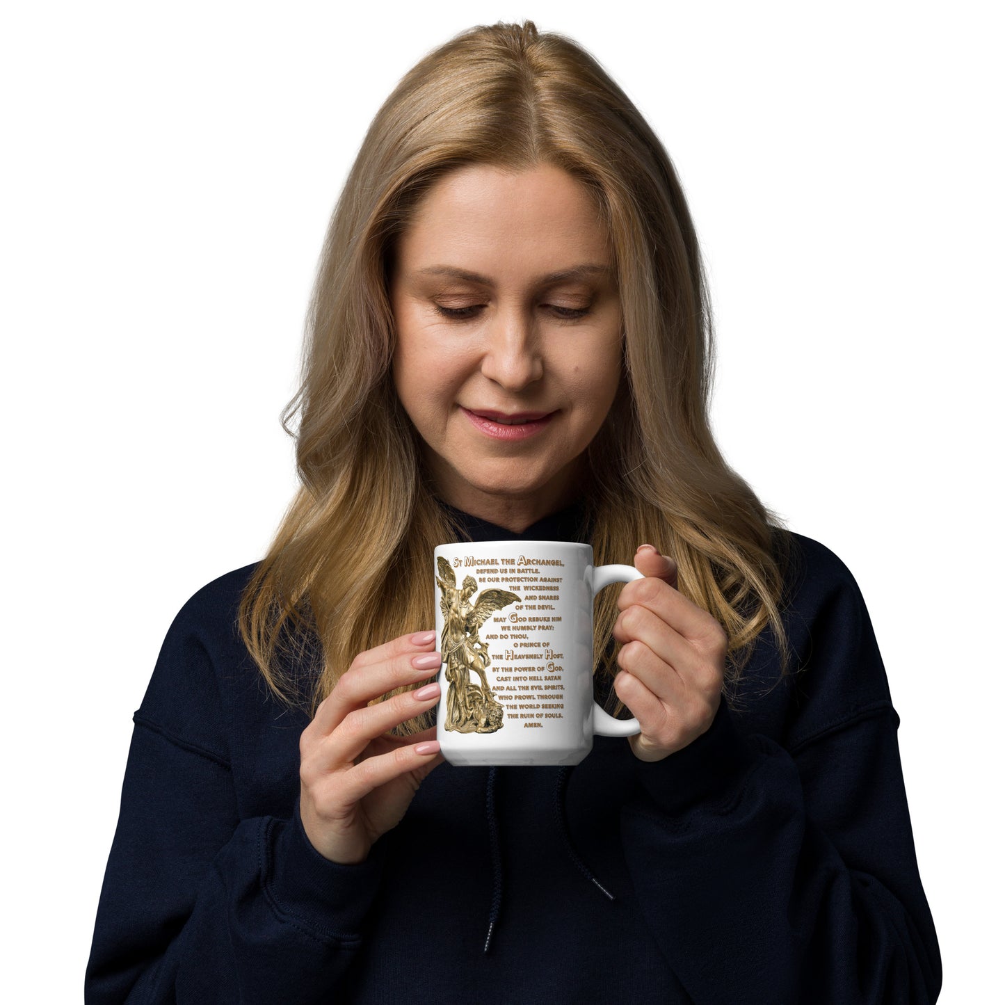 St Michael Archangel with Prayer White glossy mug
