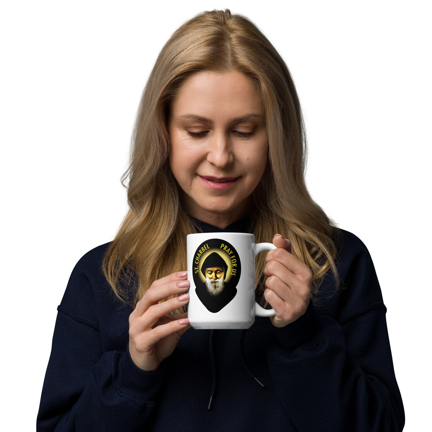 St Charbel Pray for Us White glossy mug