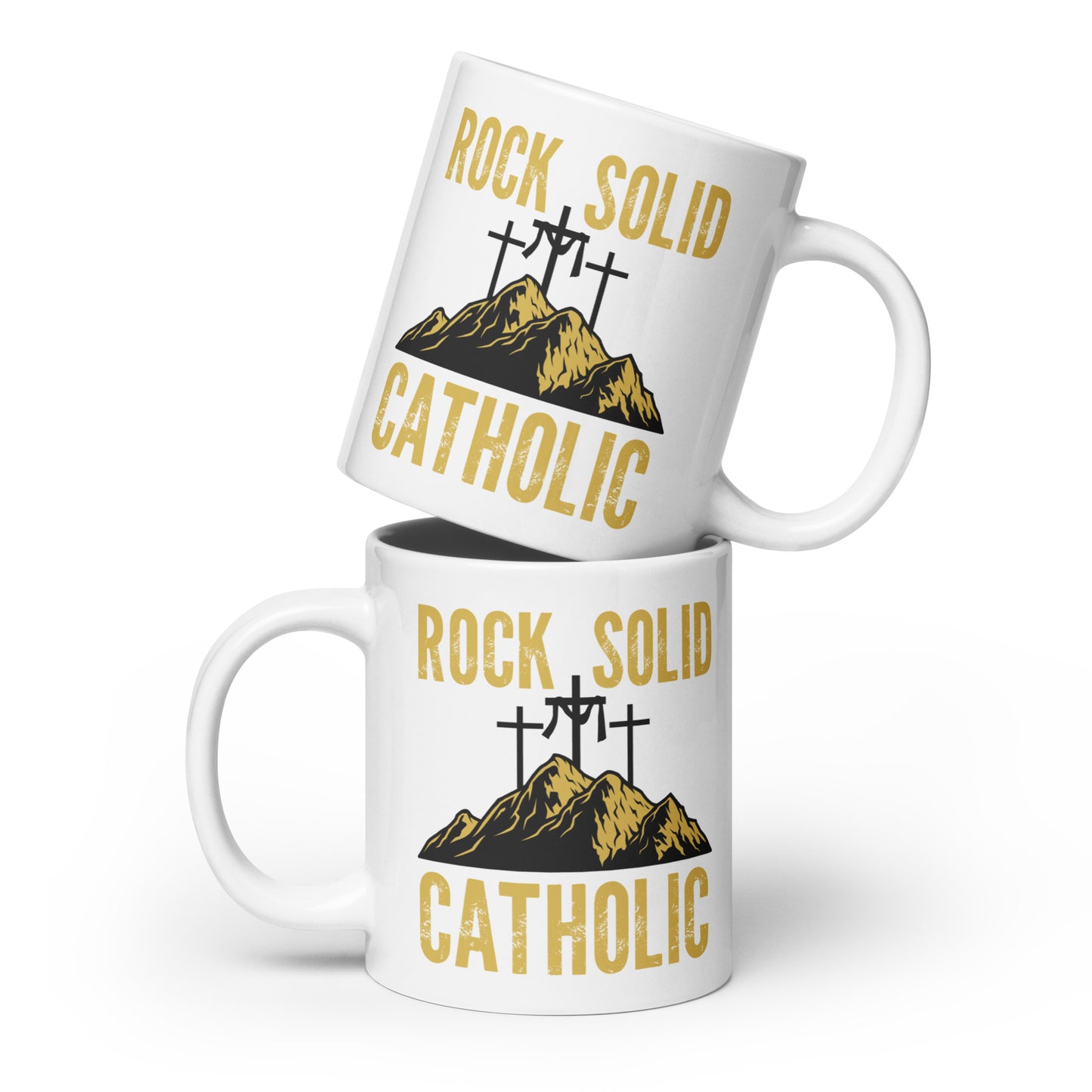 Rock Solid Catholic White glossy mug