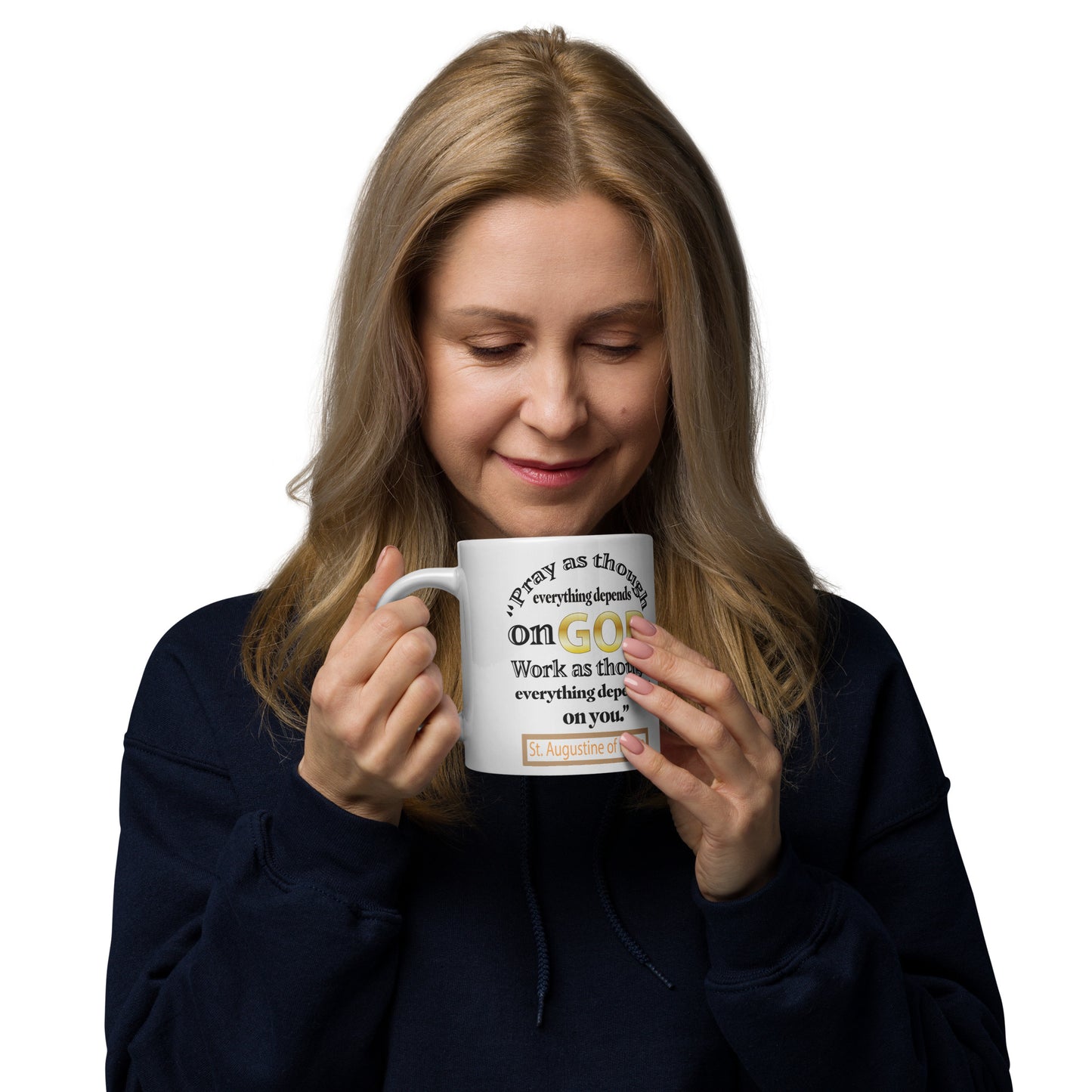 Pray and Work by St Augustine White glossy mug