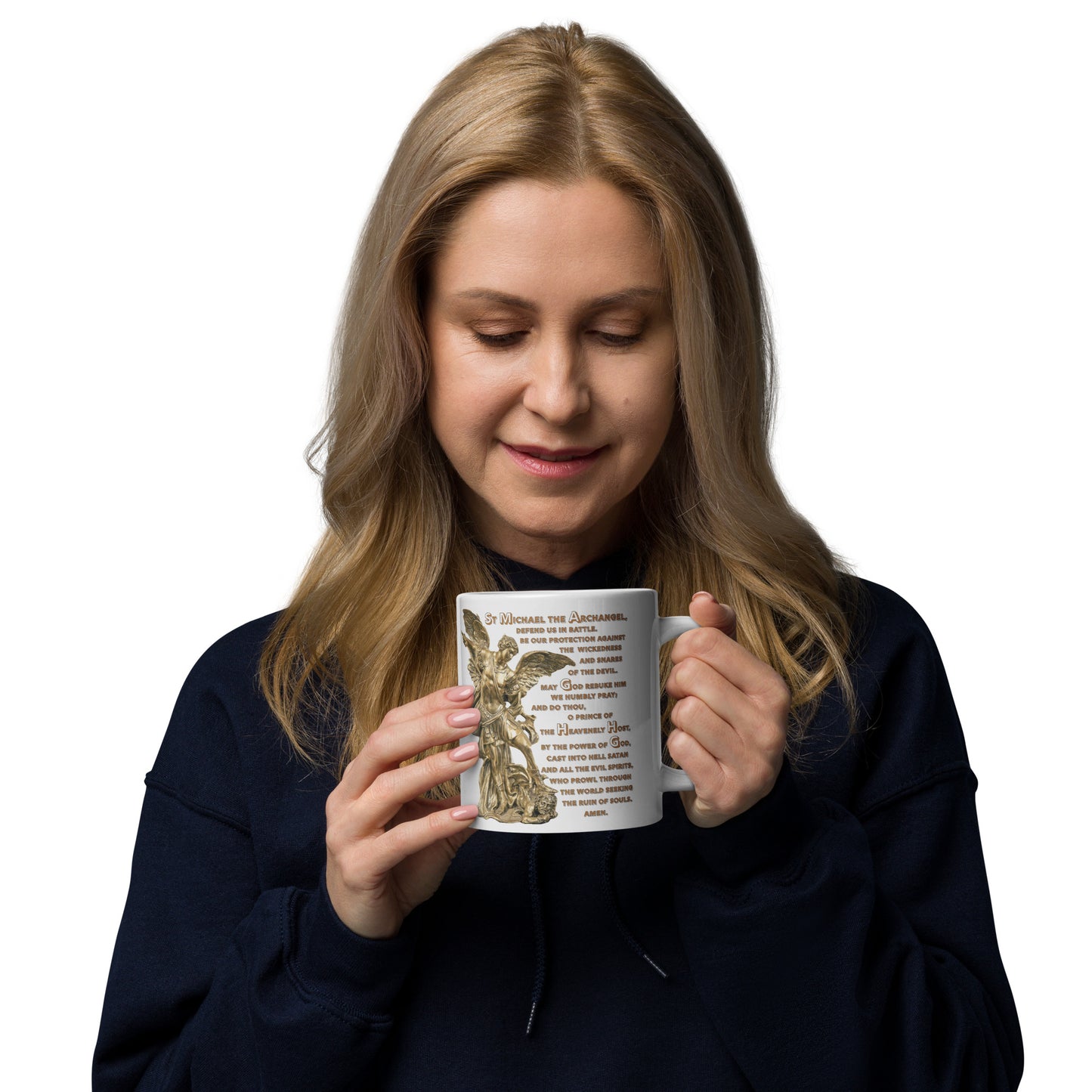 St Michael Archangel with Prayer White glossy mug