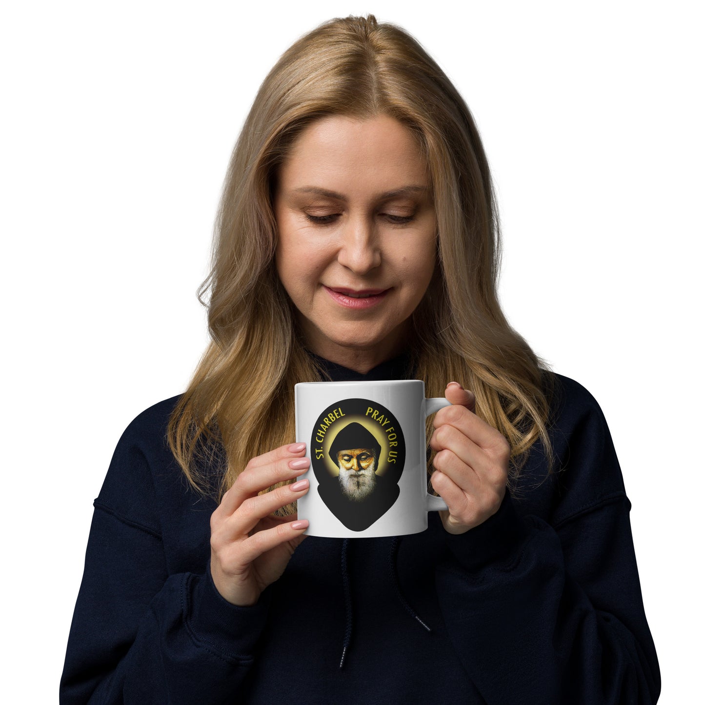 St Charbel Pray for Us White glossy mug
