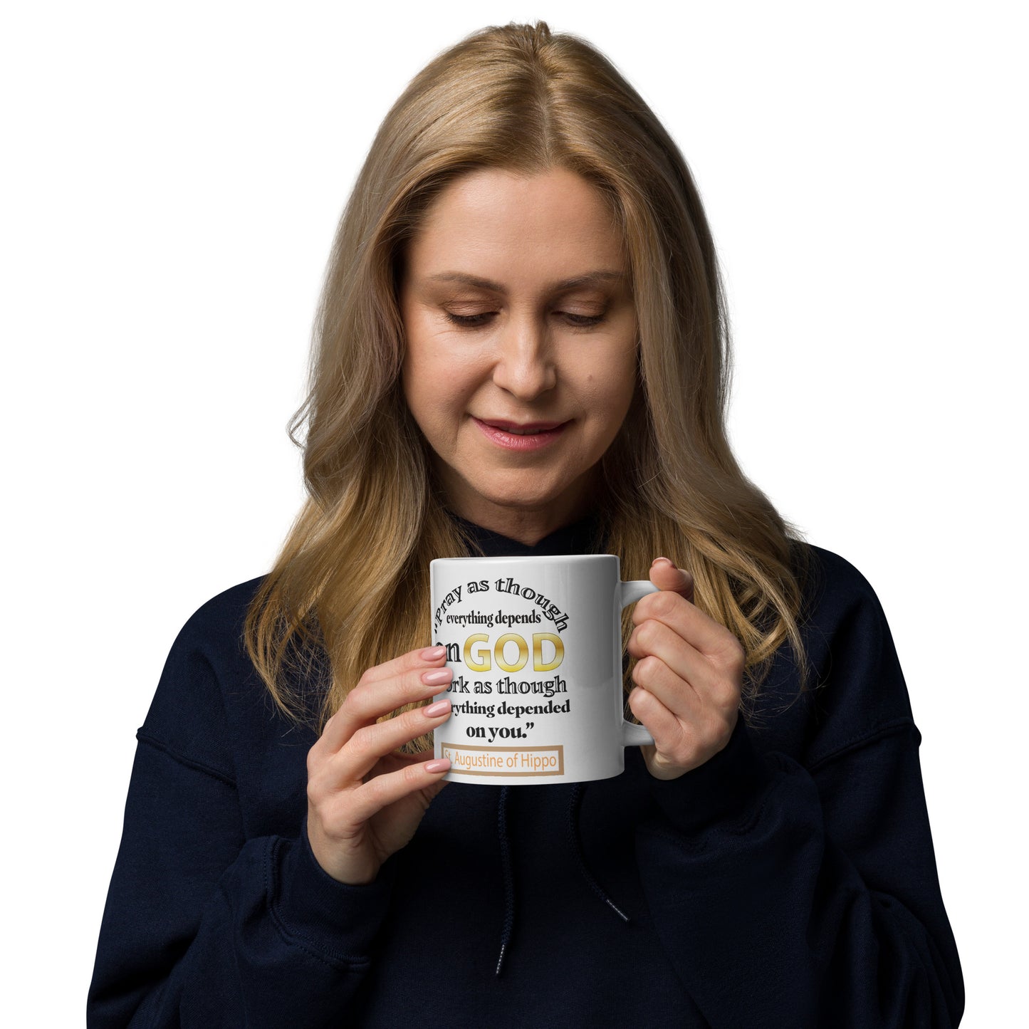 Pray and Work by St Augustine White glossy mug