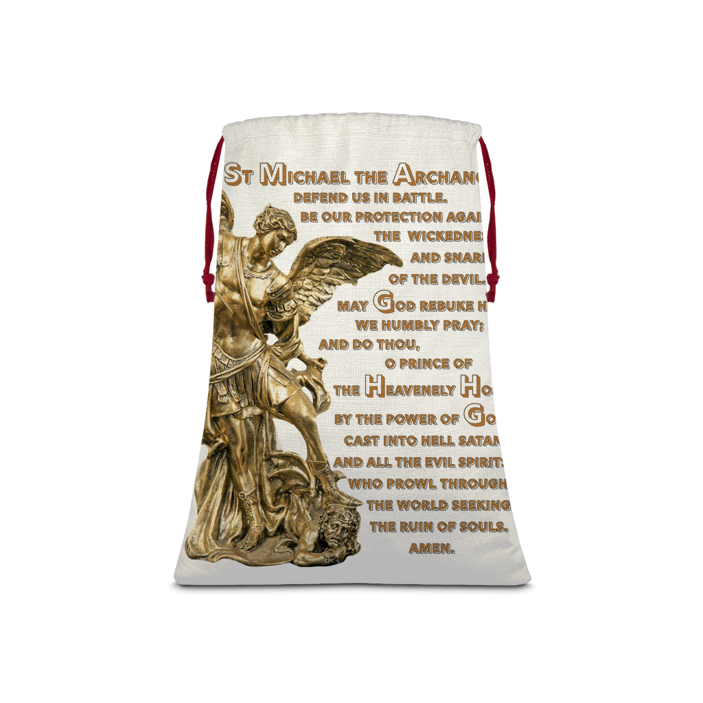 St Michael Archangel with Prayer Linen Drawstring Sack