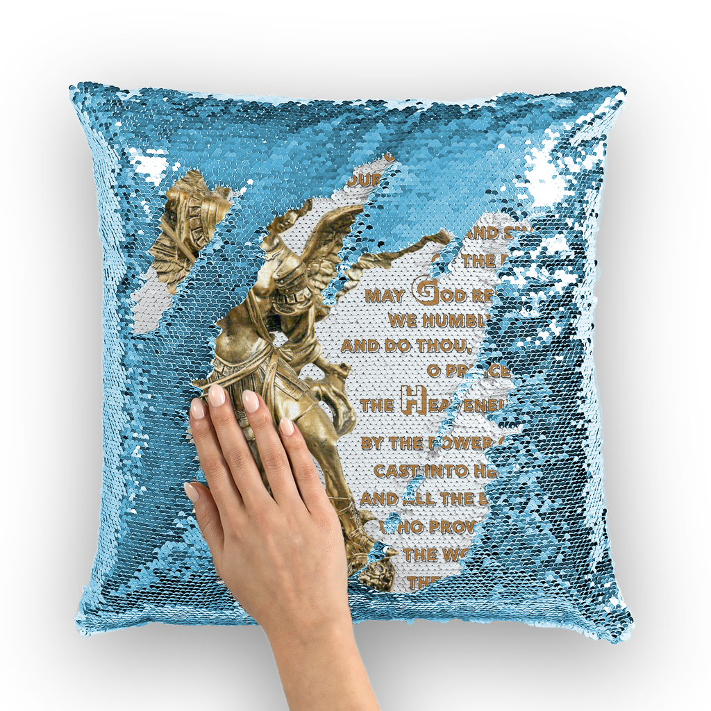 St Michael Archangel with Prayer Sequin Cushion Cover