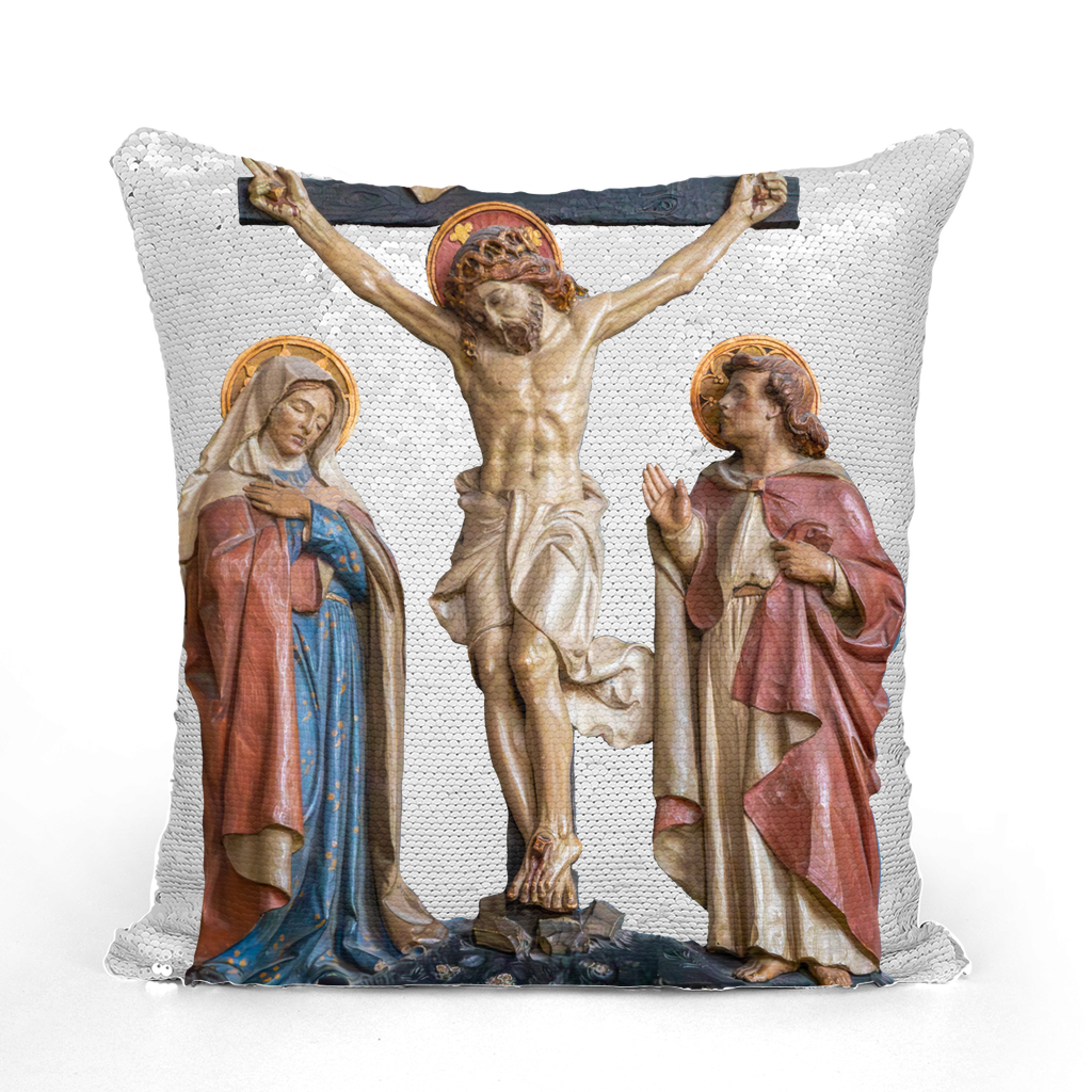 Crucifixion Scene Sequin Cushion Cover
