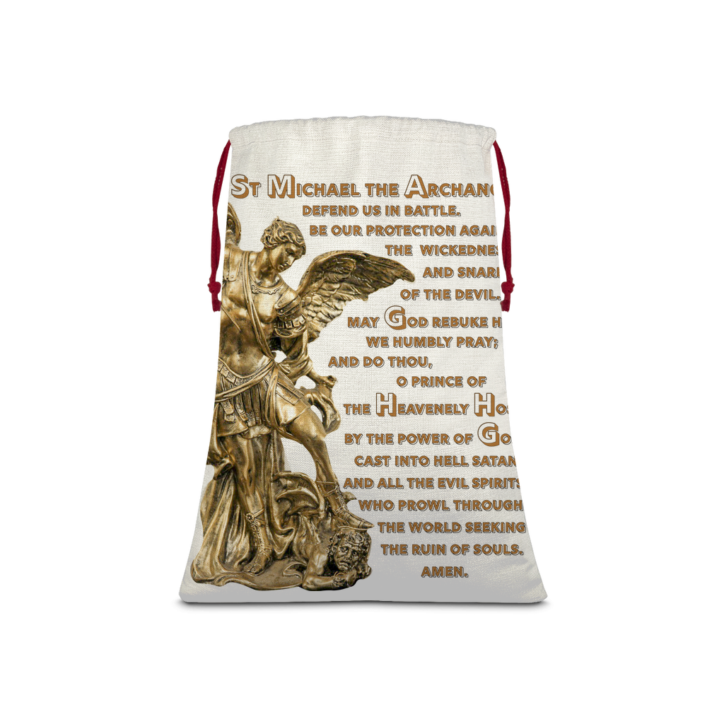 St Michael Archangel with Prayer Linen Drawstring Sack