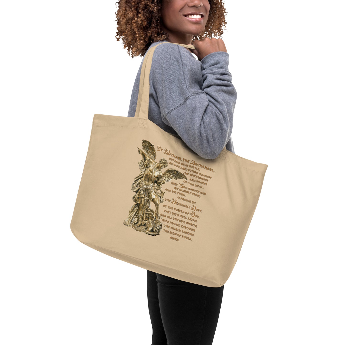 St Michael Archangel with Prayer Large organic tote bag