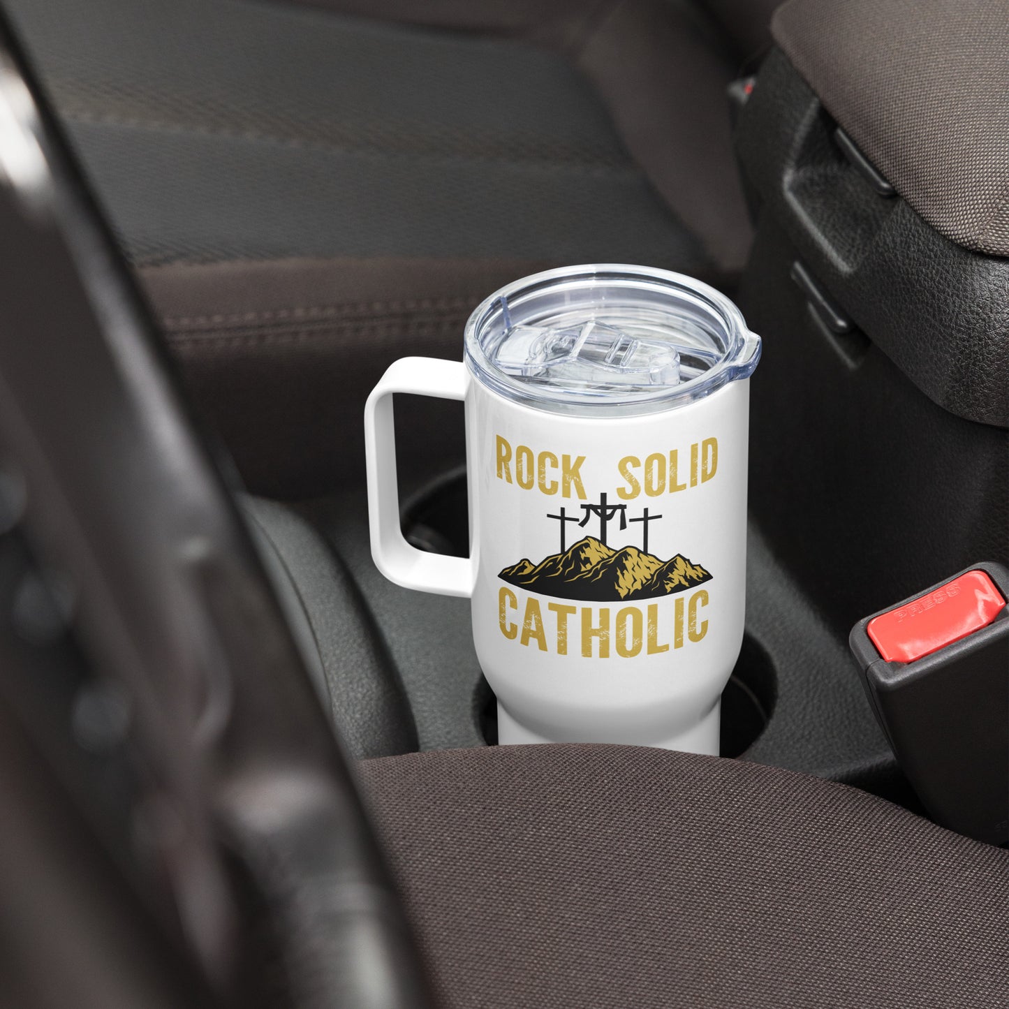Rock Solid Catholic Travel mug with a handle
