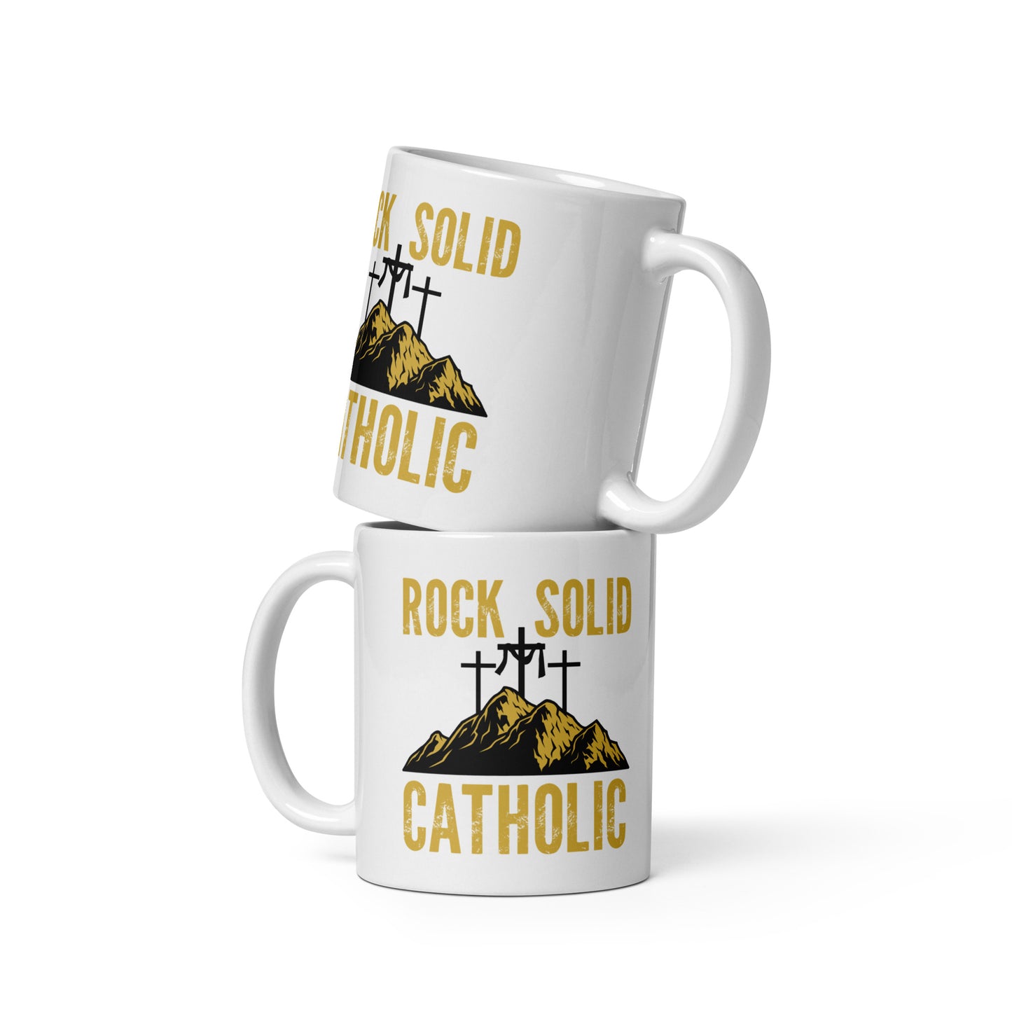 Rock Solid Catholic White glossy mug
