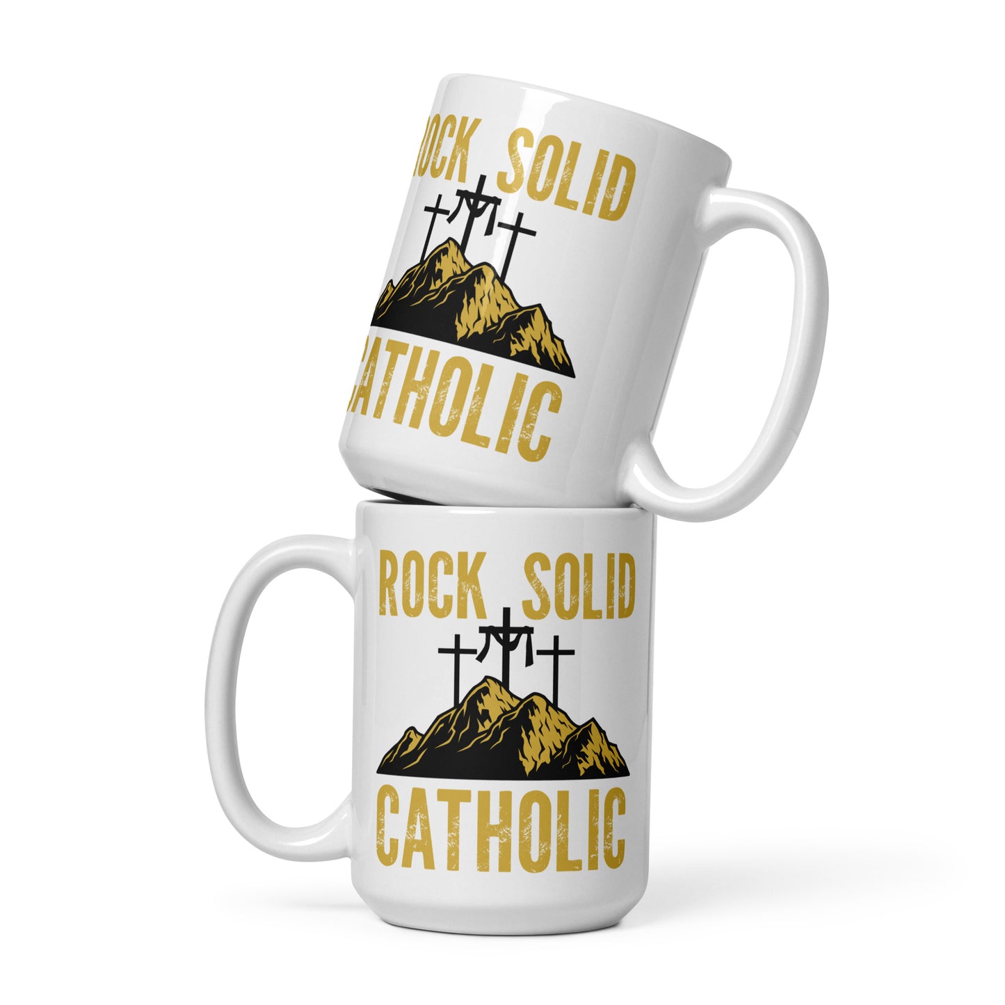 Rock Solid Catholic White glossy mug