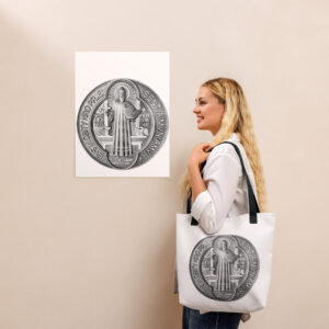 st benedict medal tote bag
