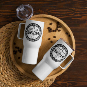 i believe in one, holy, catholic and apostolic church travel mug with a handle