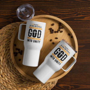 faith and love travel mug with a handle