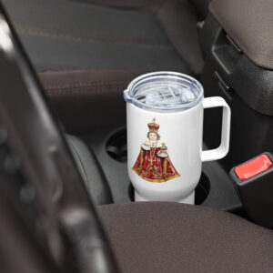 infant of prague travel mug with a handle