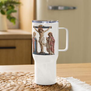 crucifixion scene travel mug with a handle