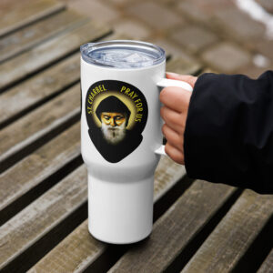 st charbel travel mug with a handle