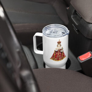 infant of prague travel mug with a handle