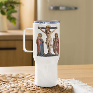crucifixion scene travel mug with a handle