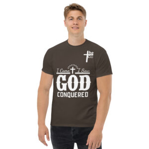 i came, i saw, god conquered men's t shirt