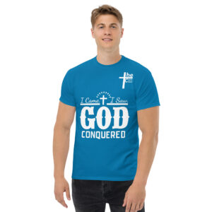 i came, i saw, god conquered men's t shirt