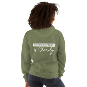 the victory of truth is charity women's christian hoodie