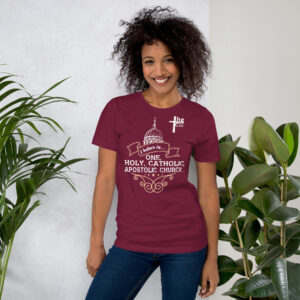 i believe in one, holy, catholic and apostolic church women's t shirt