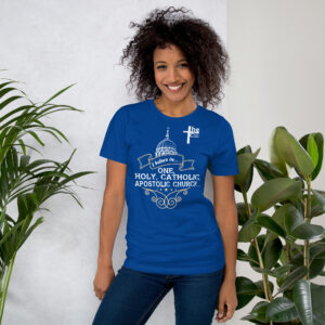 i believe in one, holy, catholic and apostolic church women's t shirt