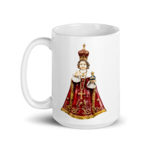 infant of prague white glossy mug