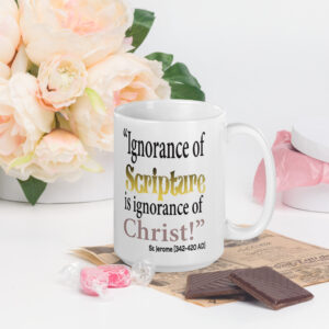 ignorance of scripture by st jerome white glossy mug