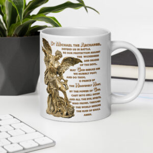 st michael archangel with prayer white glossy mug