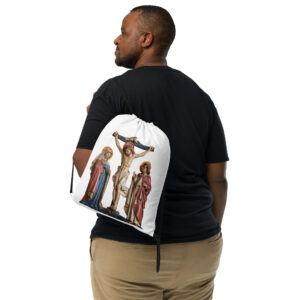 Shop crucifixion scene drawstring bag