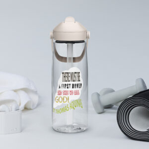 there is a first mover god flip straw water bottle